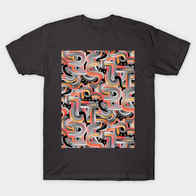 Geo Cats Maze in Sunset Colors plus Grey T-Shirt by micklyn